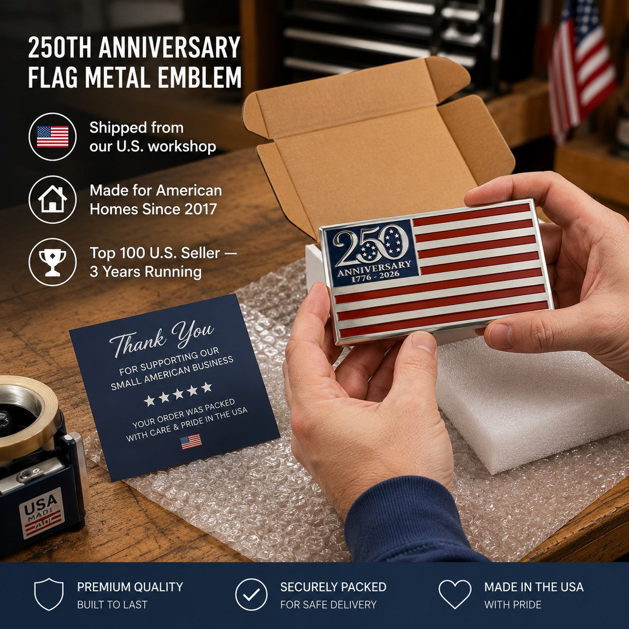 🇺🇸 250th Anniversary American Flag Metal Emblem (1776-2026)