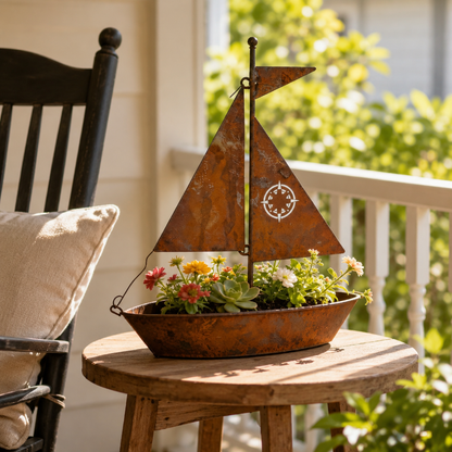 Rustic Sailboat Metal Planter