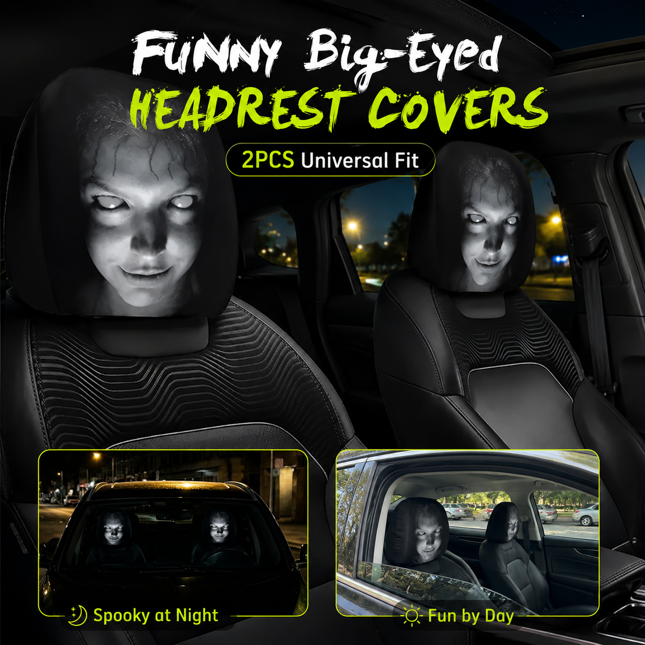 😆 Cartoon Car Headrest Covers 2 Pack Funny Auto Seat Decor Universal Fit 🚗