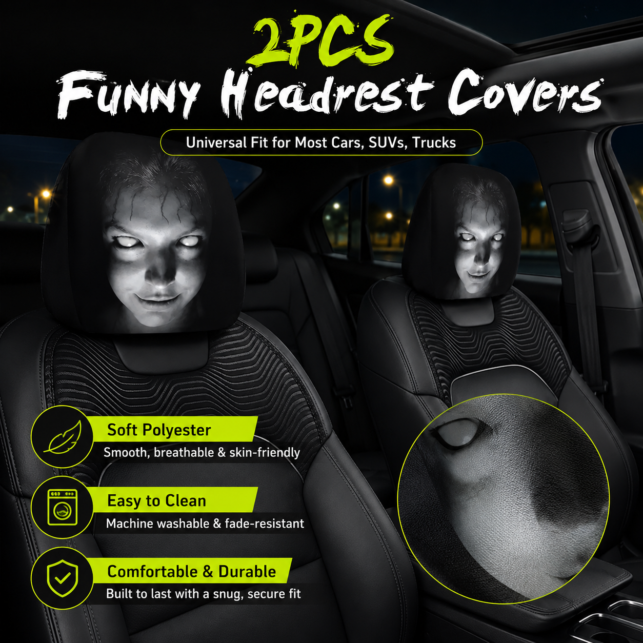 😆 Cartoon Car Headrest Covers 2 Pack Funny Auto Seat Decor Universal Fit 🚗