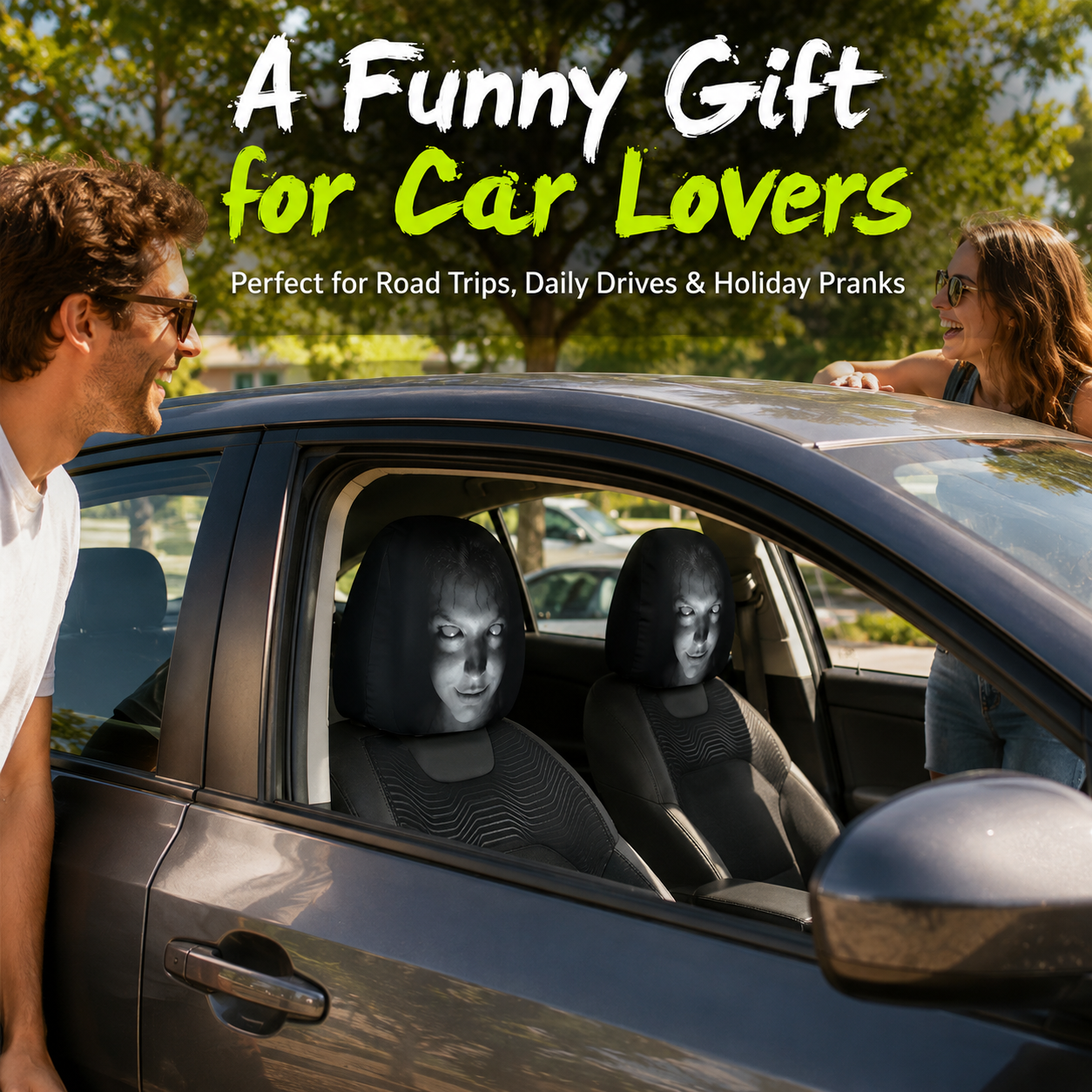 😆 Cartoon Car Headrest Covers 2 Pack Funny Auto Seat Decor Universal Fit 🚗