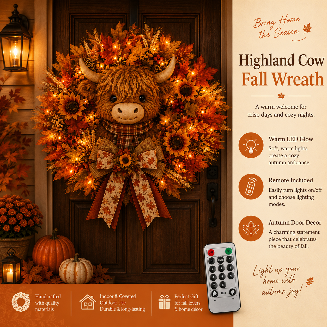 🍁🐮 Highland Cow Autumn Wreath – Lighted Farmhouse Front Door Decor