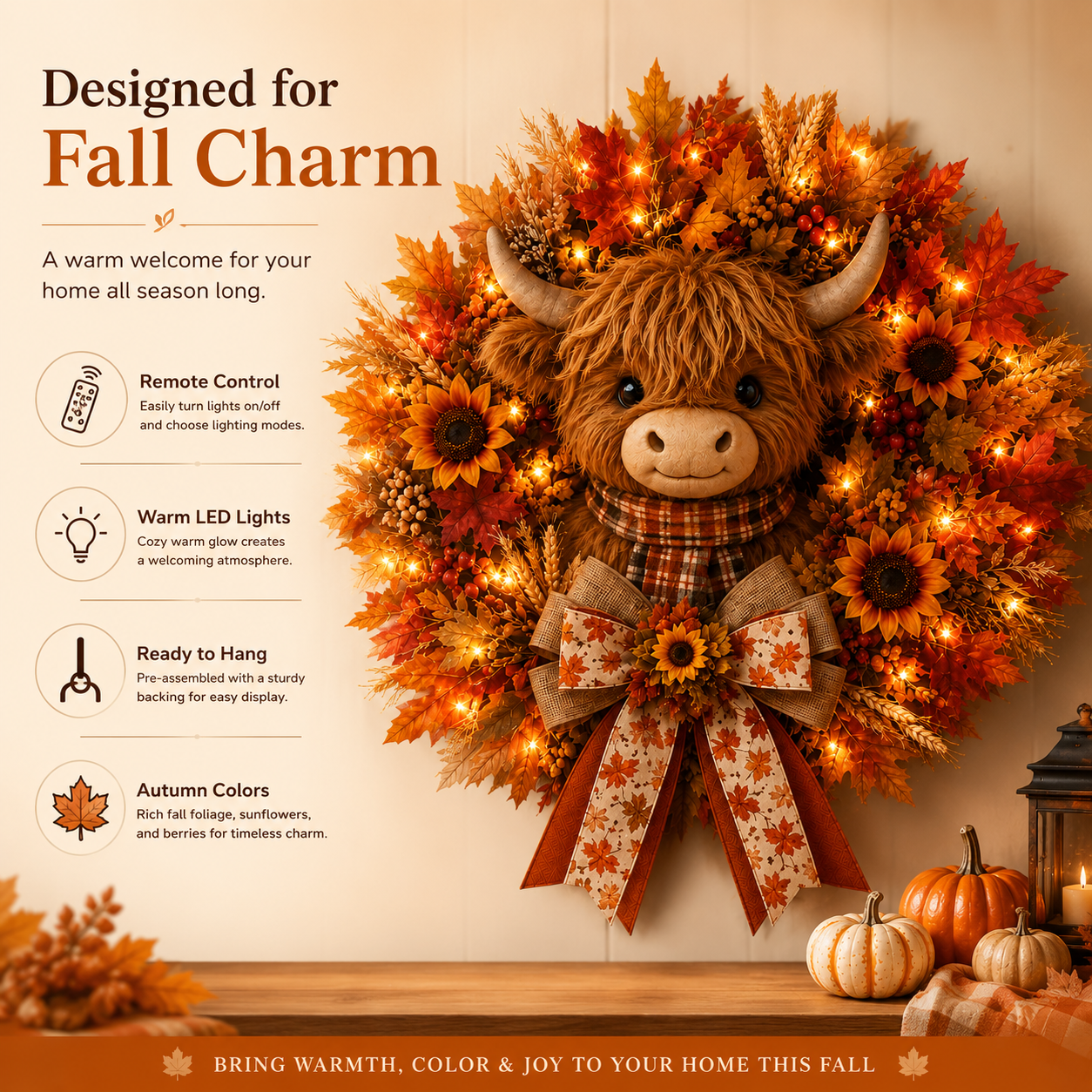🍁🐮 Highland Cow Autumn Wreath – Lighted Farmhouse Front Door Decor