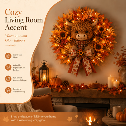 🍁🐮 Highland Cow Autumn Wreath – Lighted Farmhouse Front Door Decor