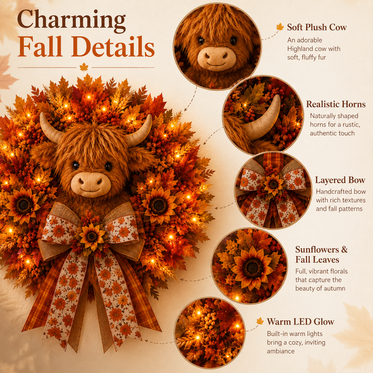 🍁🐮 Highland Cow Autumn Wreath – Lighted Farmhouse Front Door Decor
