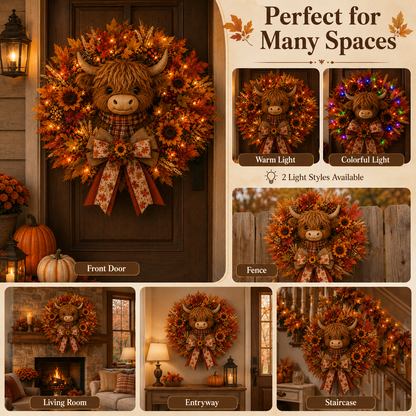 🍁🐮 Highland Cow Autumn Wreath – Lighted Farmhouse Front Door Decor