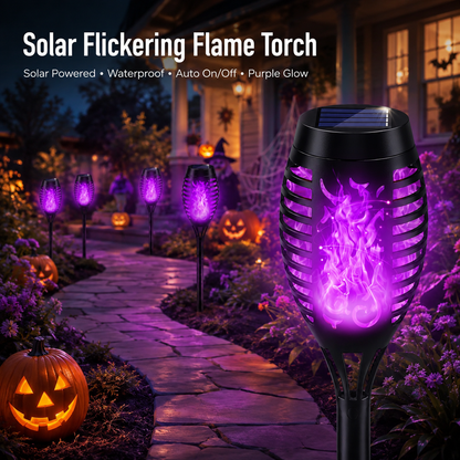 6-Pack Solar Halloween Torch Lights：Purple Flickering Flame, Waterproof Yard Pathway Patio Decor