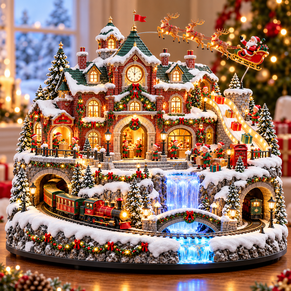 🎅 Santa’s North Pole Post Office™ – Lighted & Animated Christmas Village with Moving Train, Santa’s Sleigh & Glowing Waterfall ✨