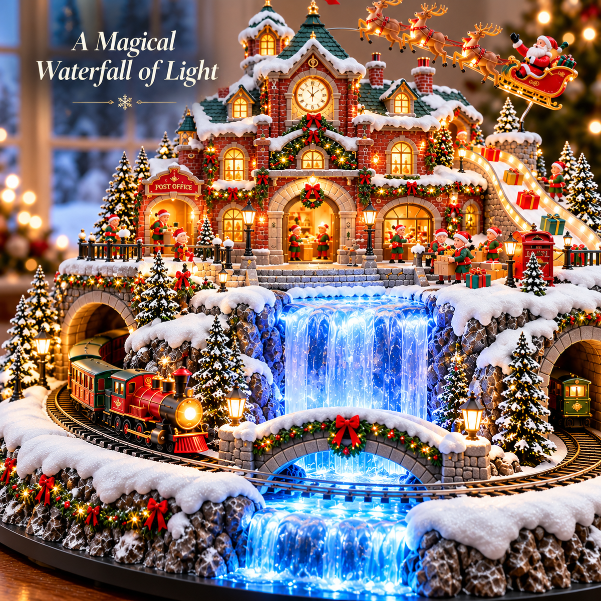 🎅 Santa’s North Pole Post Office™ – Lighted & Animated Christmas Village with Moving Train, Santa’s Sleigh & Glowing Waterfall ✨