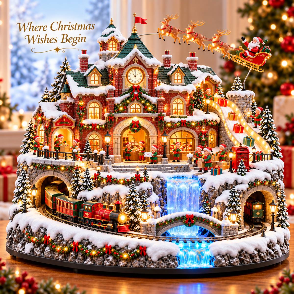 🎅 Santa’s North Pole Post Office™ – Lighted & Animated Christmas Village with Moving Train, Santa’s Sleigh & Glowing Waterfall ✨