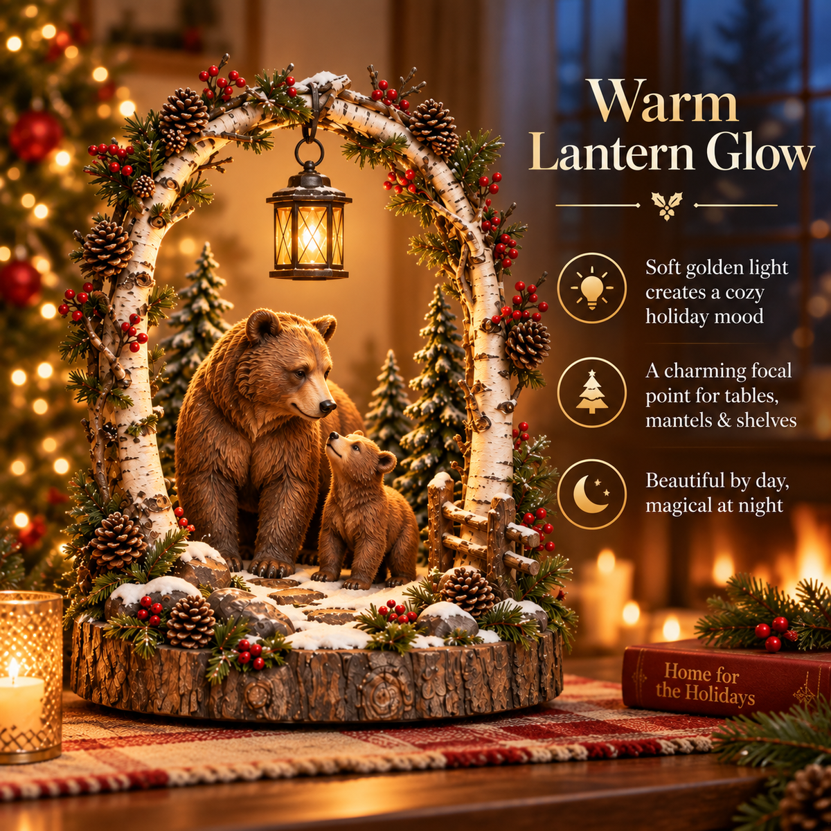 🐻Woodland Bear Family Lantern – Lighted Christmas Forest Tabletop Decor 🎄