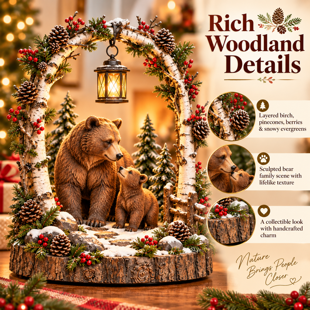 🐻Woodland Bear Family Lantern – Lighted Christmas Forest Tabletop Decor 🎄