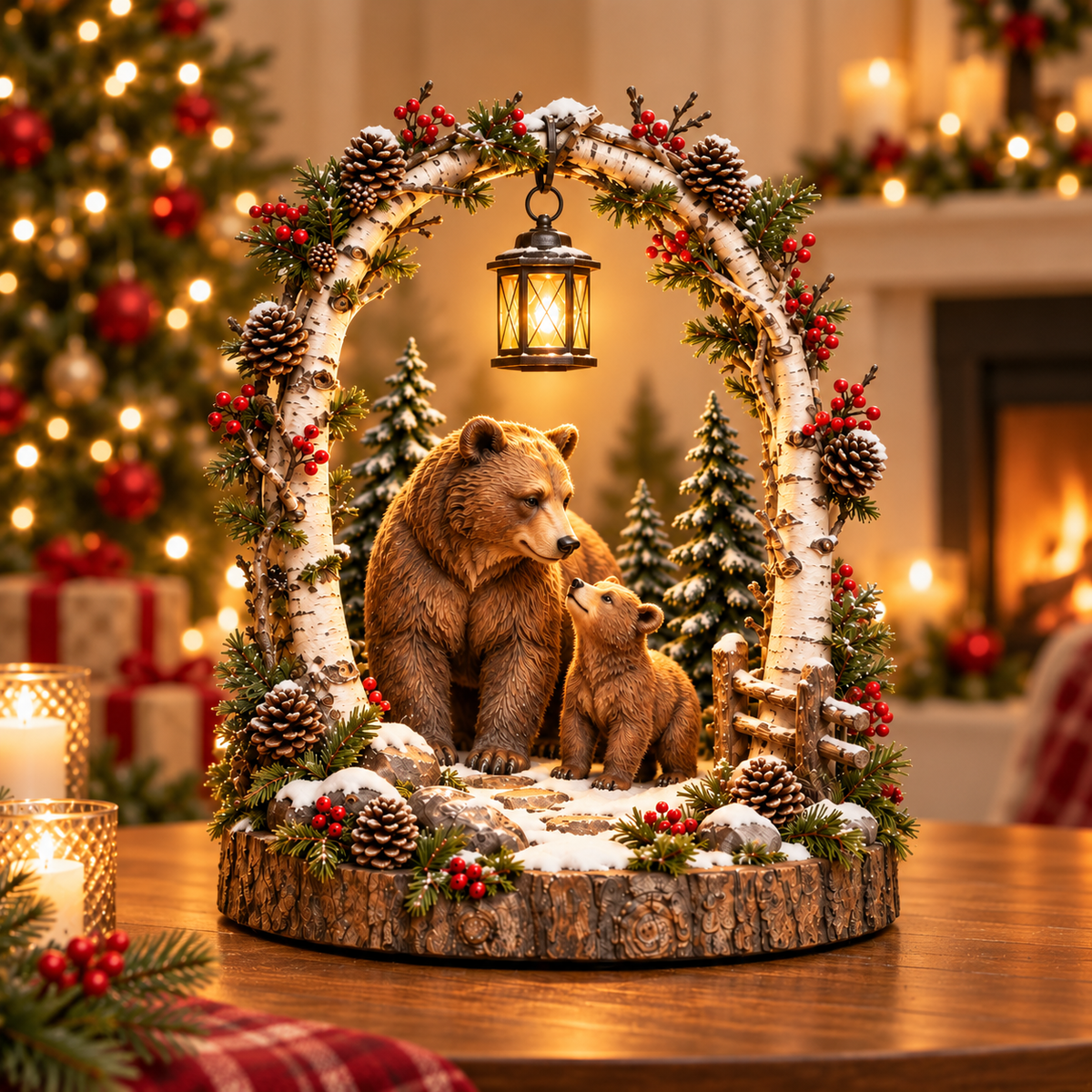 🐻Woodland Bear Family Lantern – Lighted Christmas Forest Tabletop Decor 🎄