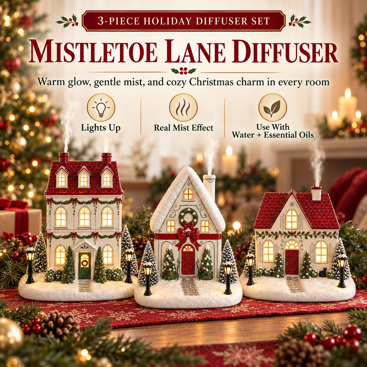 ✨🎄Christmas House Essential Oil Diffuser – 🏘️Glowing Holiday Decor with Chimney Mist🌿