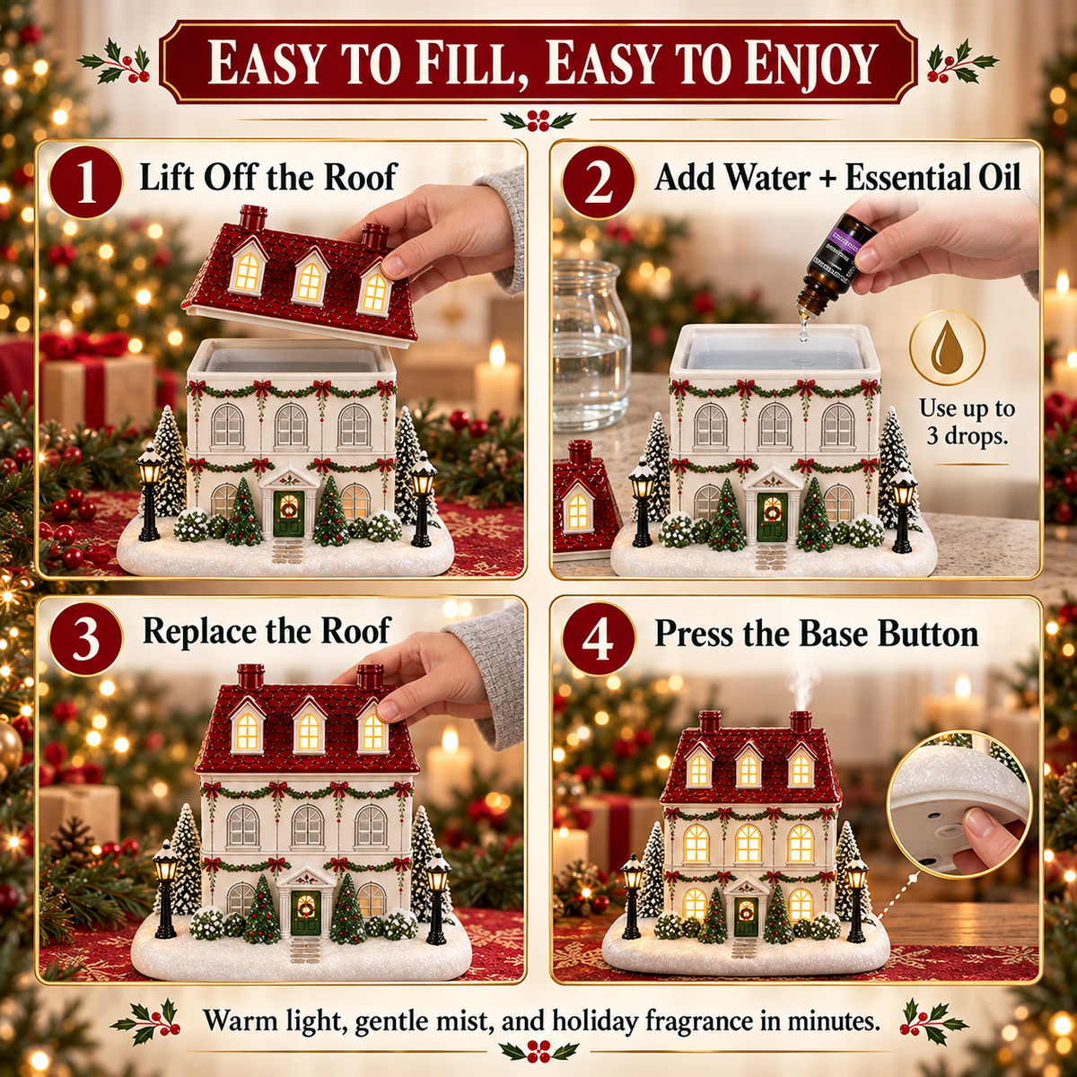 ✨🎄Christmas House Essential Oil Diffuser – 🏘️Glowing Holiday Decor with Chimney Mist🌿