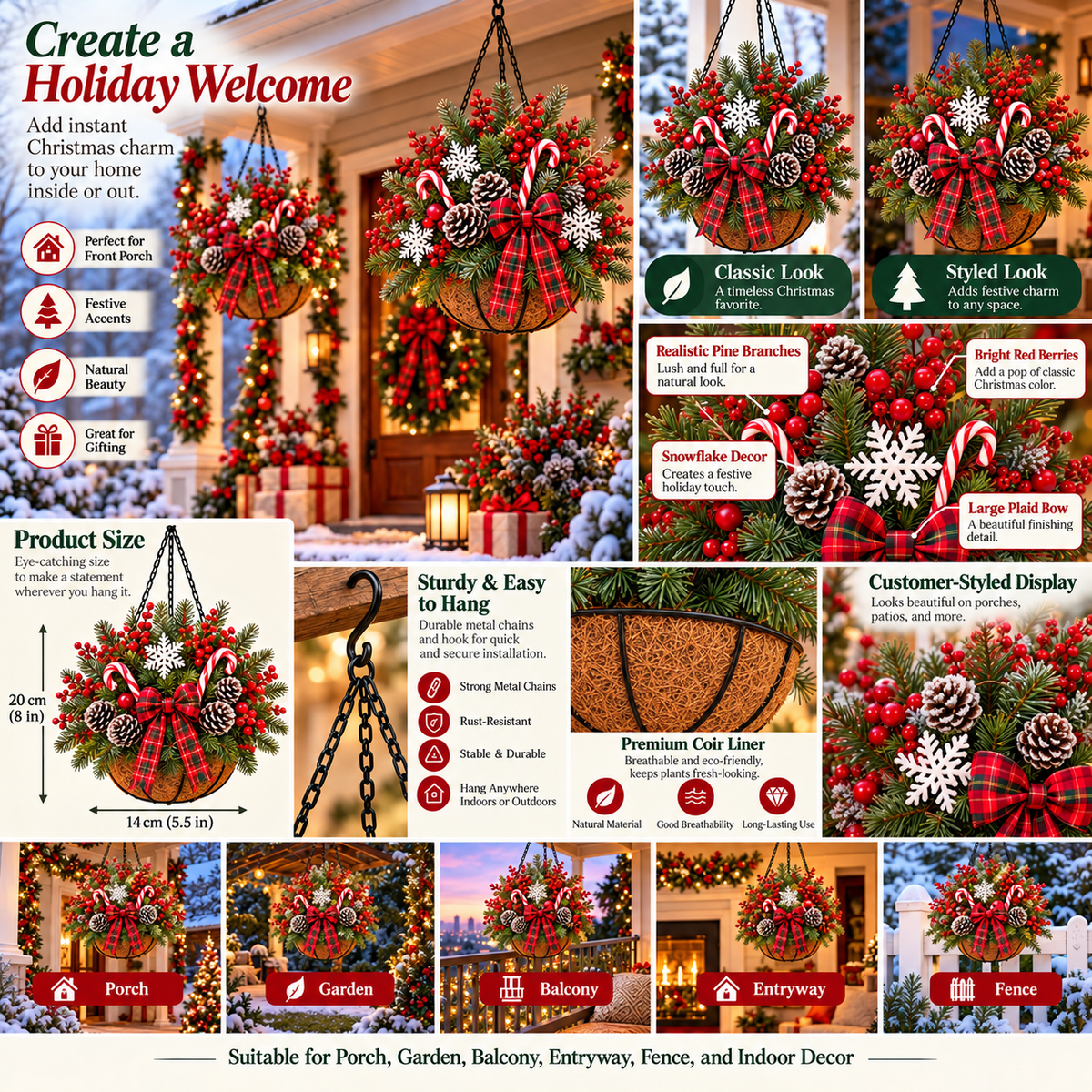 🎄 Last Day 50% OFF 🏆 Pre-Lit Christmas Hanging Basket | Pre-lit, weather-resistant, and zero maintenance