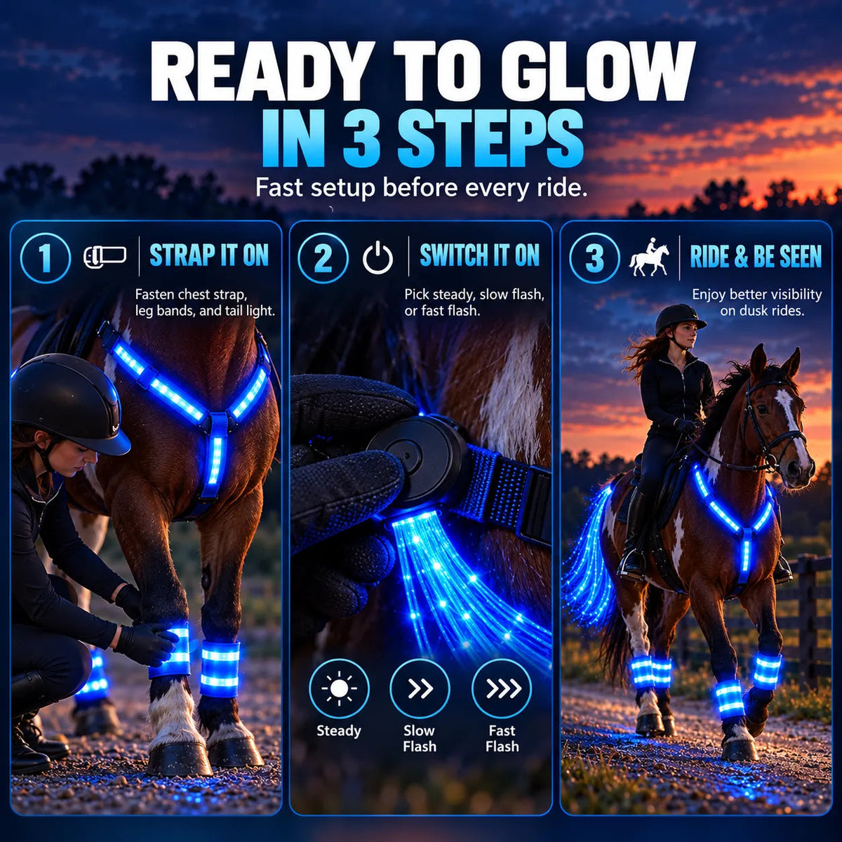 🎁LED Horse Glow Kit – High-Visibility Light-Up Gear for Night Riding, Adjustable & 3 Light Modes