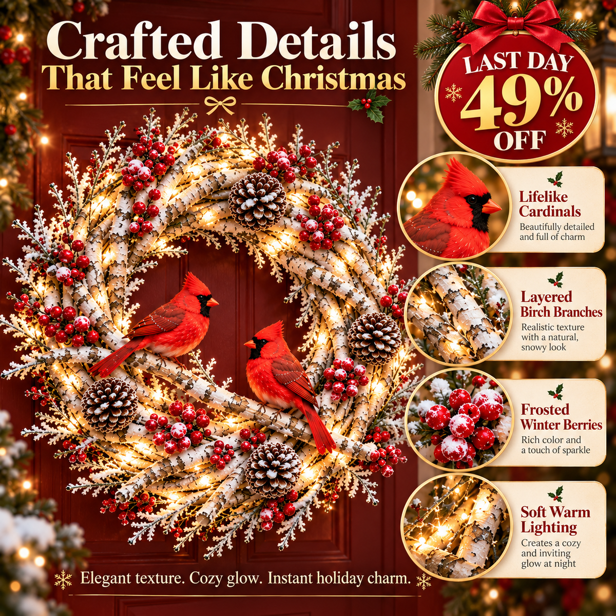 🔥 LAST DAY 49% OFF 🔥 Snowy Birch Cardinal Wreath™ – Lighted Christmas Door Wreath with Paired Red Cardinals, Berries & Pinecones ❤️🎄✨