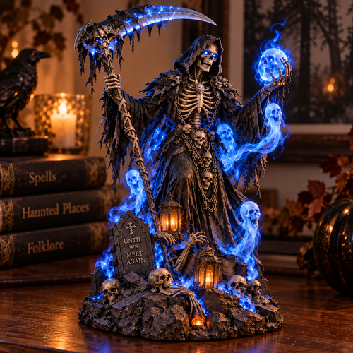 💀 LAST DAY 49% OFF🔥Blue-Light Scythe-Wielding Grim Reaper Skull Statue Lamp