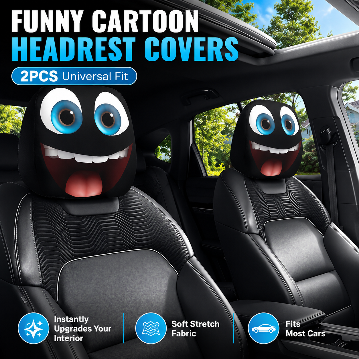 😆 Cartoon Car Headrest Covers 2 Pack Funny Auto Seat Decor Universal Fit 🚗