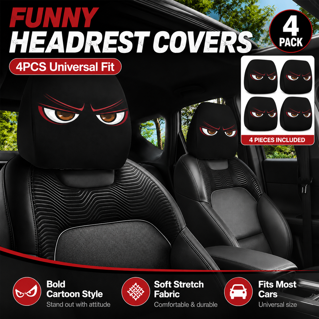 😆 Cartoon Car Headrest Covers 2 Pack Funny Auto Seat Decor Universal Fit 🚗