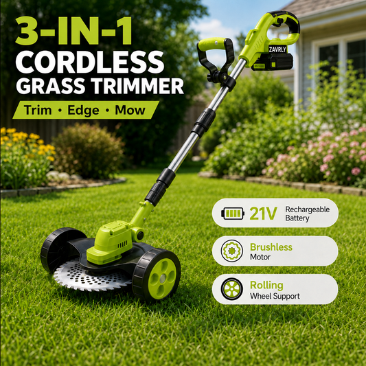 🌿⚡21V 3-in-1 Cordless String Trimmer, Edger & Mini Mower – 2 Batteries Included