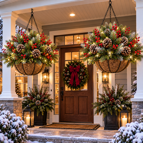 🎄 Last Day 50% OFF 🎄 Pre-Lit Christmas Hanging Basket | Pre-lit, weather-resistant, and zero maintenance🏆