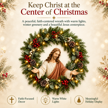 ✝️ Lighted Jesus Christmas Wreath – Faith-Centered Door & Wall Decor
