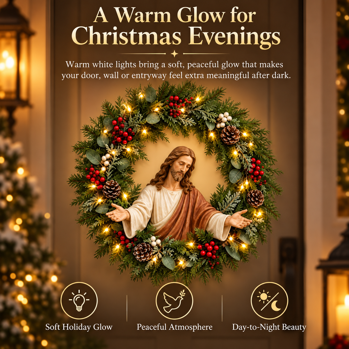 ✝️ Lighted Jesus Christmas Wreath – Faith-Centered Door & Wall Decor
