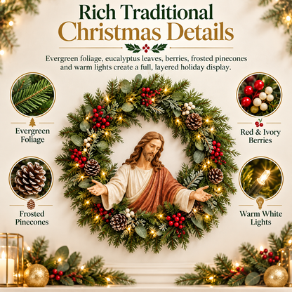 ✝️ Lighted Jesus Christmas Wreath – Faith-Centered Door & Wall Decor