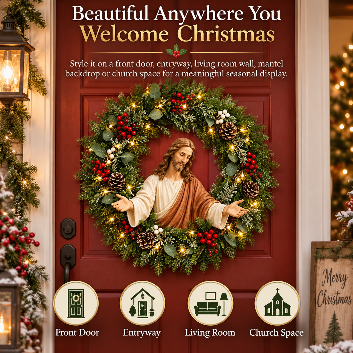 ✝️ Lighted Jesus Christmas Wreath – Faith-Centered Door & Wall Decor