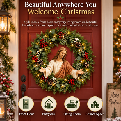 ✝️ Lighted Jesus Christmas Wreath – Faith-Centered Door & Wall Decor