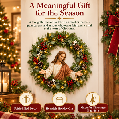 ✝️ Lighted Jesus Christmas Wreath – Faith-Centered Door & Wall Decor