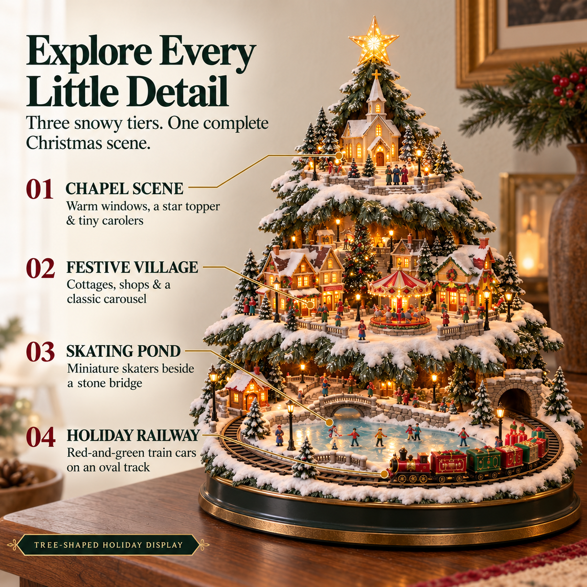 🔥LAST DAY 49%🔥OFF Lighted Christmas Village Tree with Train & Carousel