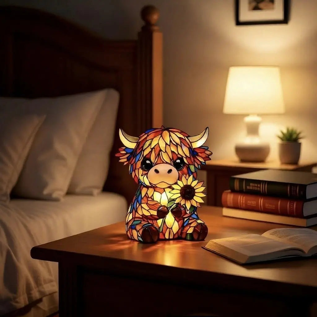 🐮 Highland Cow Sunflower Stained Glass LED Night Light Decorative Table Lamp