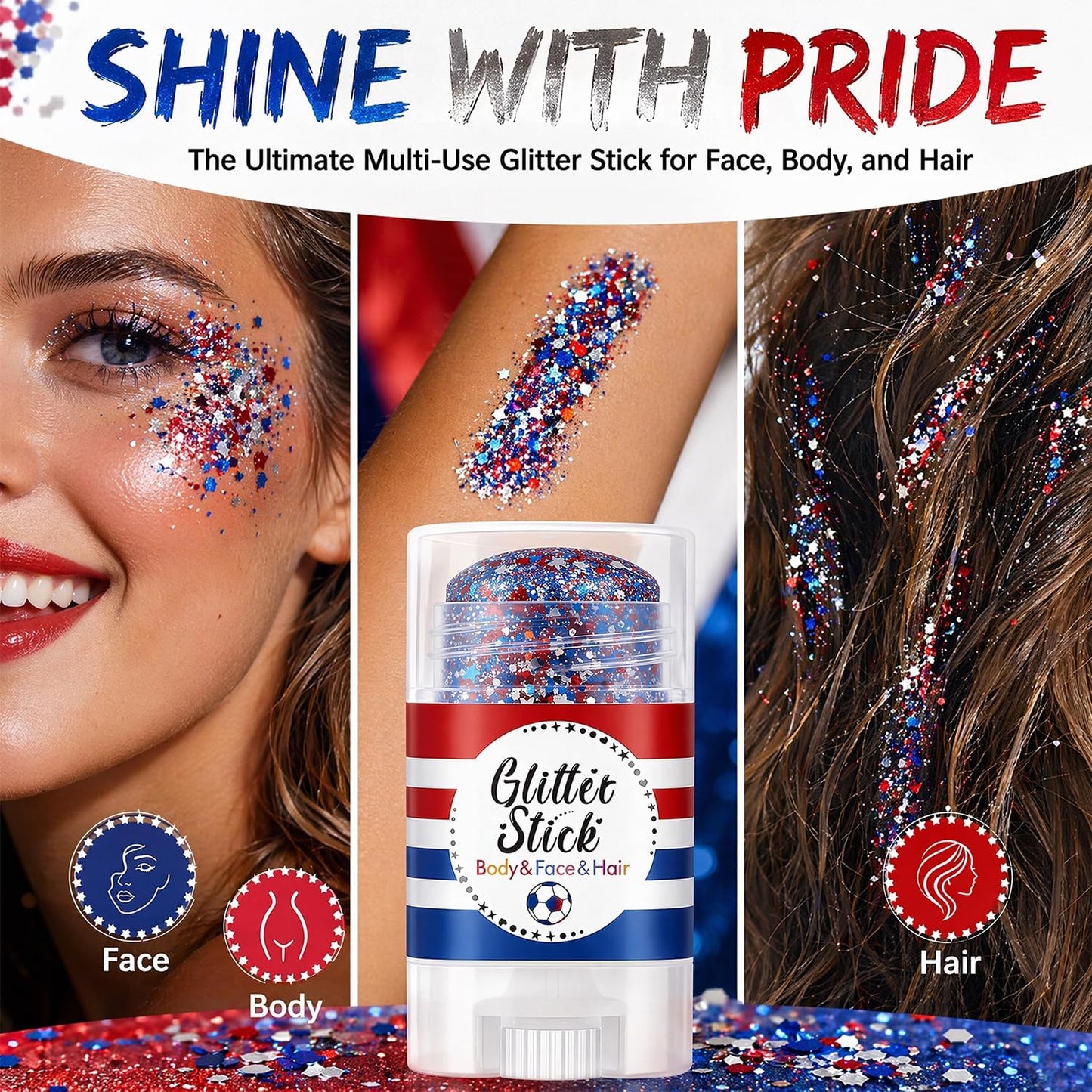 🥳2026 HOT SALE💞3 in 1 Patriotic Glitter Body Stick Red White Blue Glow
