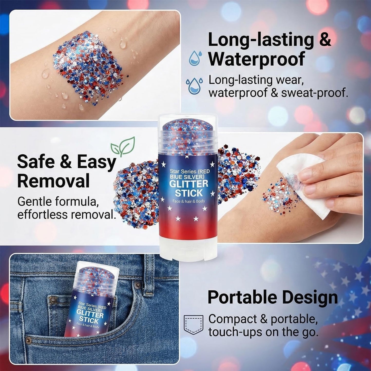 🥳2026 HOT SALE💞3 in 1 Patriotic Glitter Body Stick Red White Blue Glow