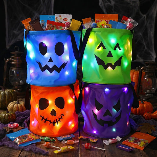 🎃 Light-Up Halloween Candy Bucket Set – Reusable Trick or Treat Bags