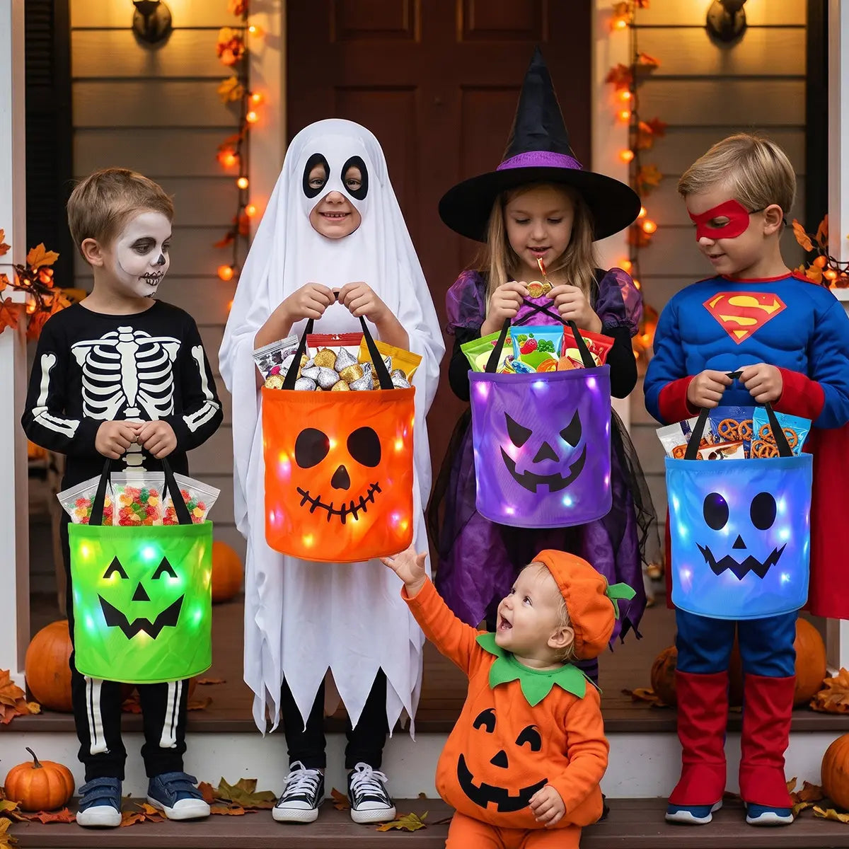 🎃 Light-Up Halloween Candy Bucket Set – Reusable Trick or Treat Bags