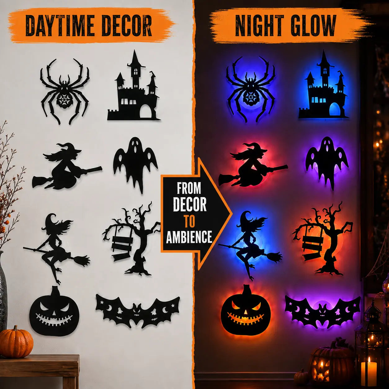 🎃 Halloween LED Silhouette Wall Light Stickers – Spooky Peel &amp; Stick Party Decor