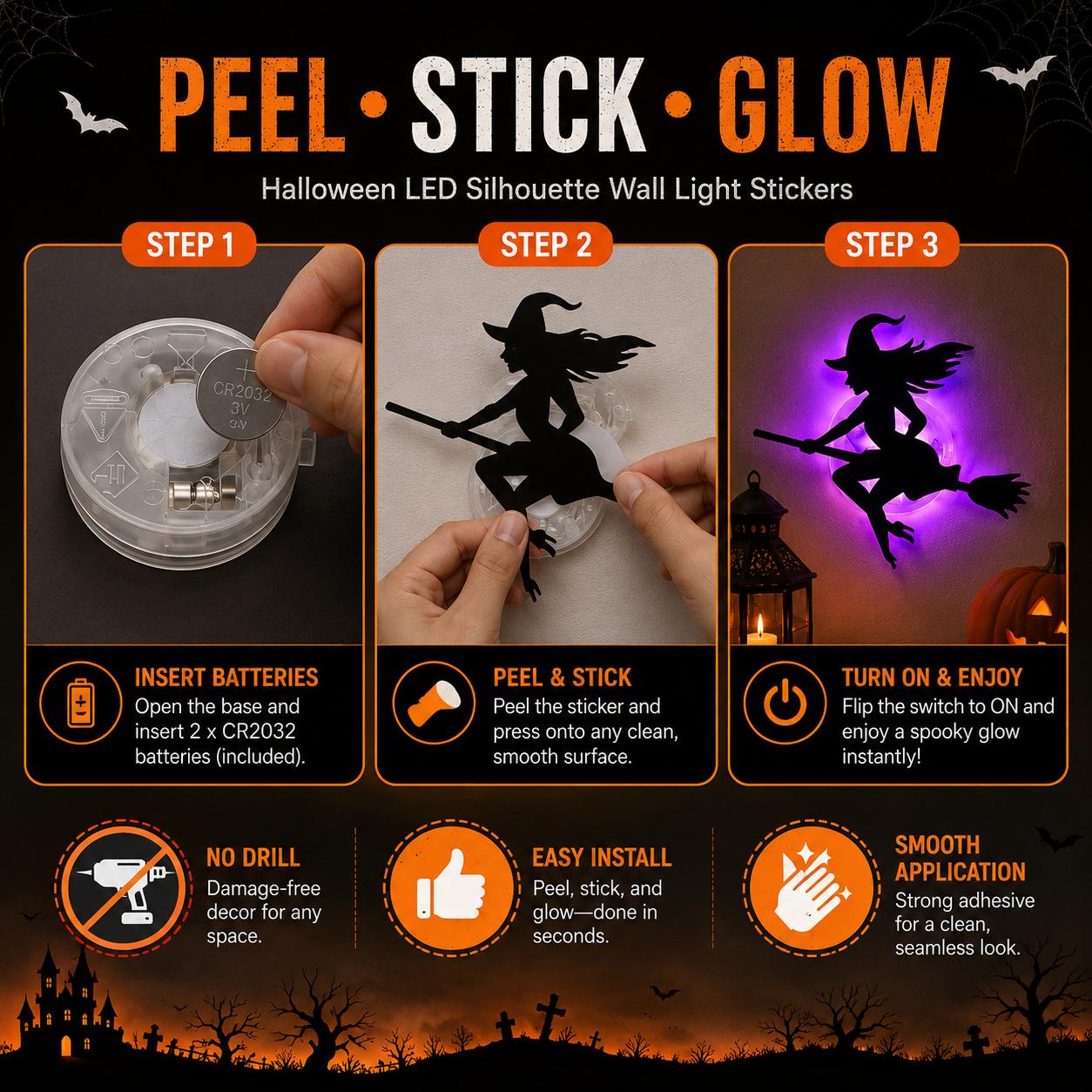 🎃 Halloween LED Silhouette Wall Light Stickers – Spooky Peel &amp; Stick Party Decor