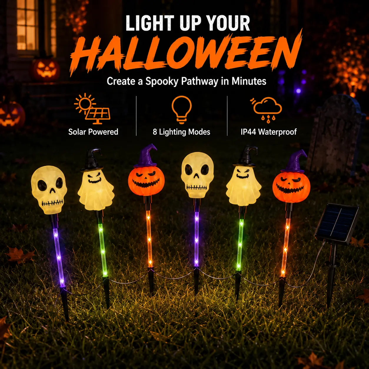 🎃 Halloween Solar Path Lights Set – 6-Piece Spooky Garden Stake Lights with 8 Lighting Modes