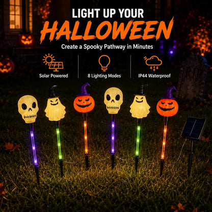 🎃 Halloween Solar Path Lights Set – 6-Piece Spooky Garden Stake Lights with 8 Lighting Modes