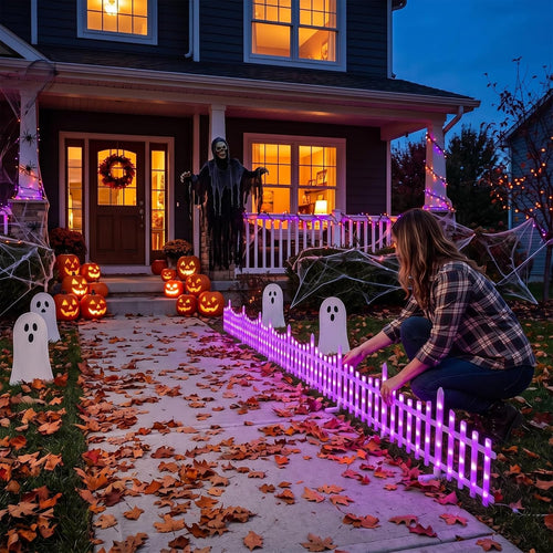 Purple Light-Up Halloween Garden Fence – Spooky Outdoor Decor