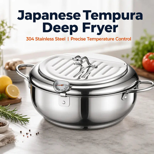304 Stainless Steel Deep Fryer Pot with Thermometer & Oil Drainer Rack