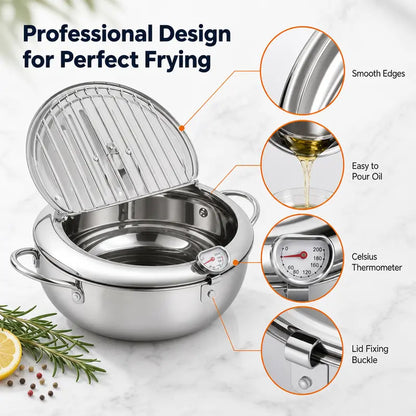 304 Stainless Steel Deep Fryer Pot with Thermometer & Oil Drainer Rack