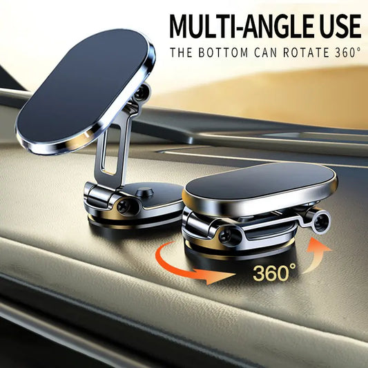 Foldable Metal Magnetic Car Phone Holder - 360° Rotating, Adjustable Angle & Height Dashboard Mount, Strong Magnetic Hold, Compact Universal Hands-Free Phone Stand for Cars