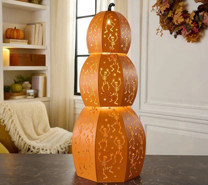 Last Day Offer | Set of 3 LED Lighted Stackable Skeleton Metal Pumpkins with Timer, Spooky Halloween Home Decor