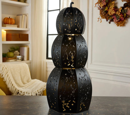 Last Day Offer | Set of 3 LED Lighted Stackable Skeleton Metal Pumpkins with Timer, Spooky Halloween Home Decor