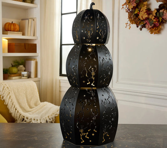 Last Day Offer | Set of 3 LED Lighted Stackable Skeleton Metal Pumpkins with Timer, Spooky Halloween Home Decor